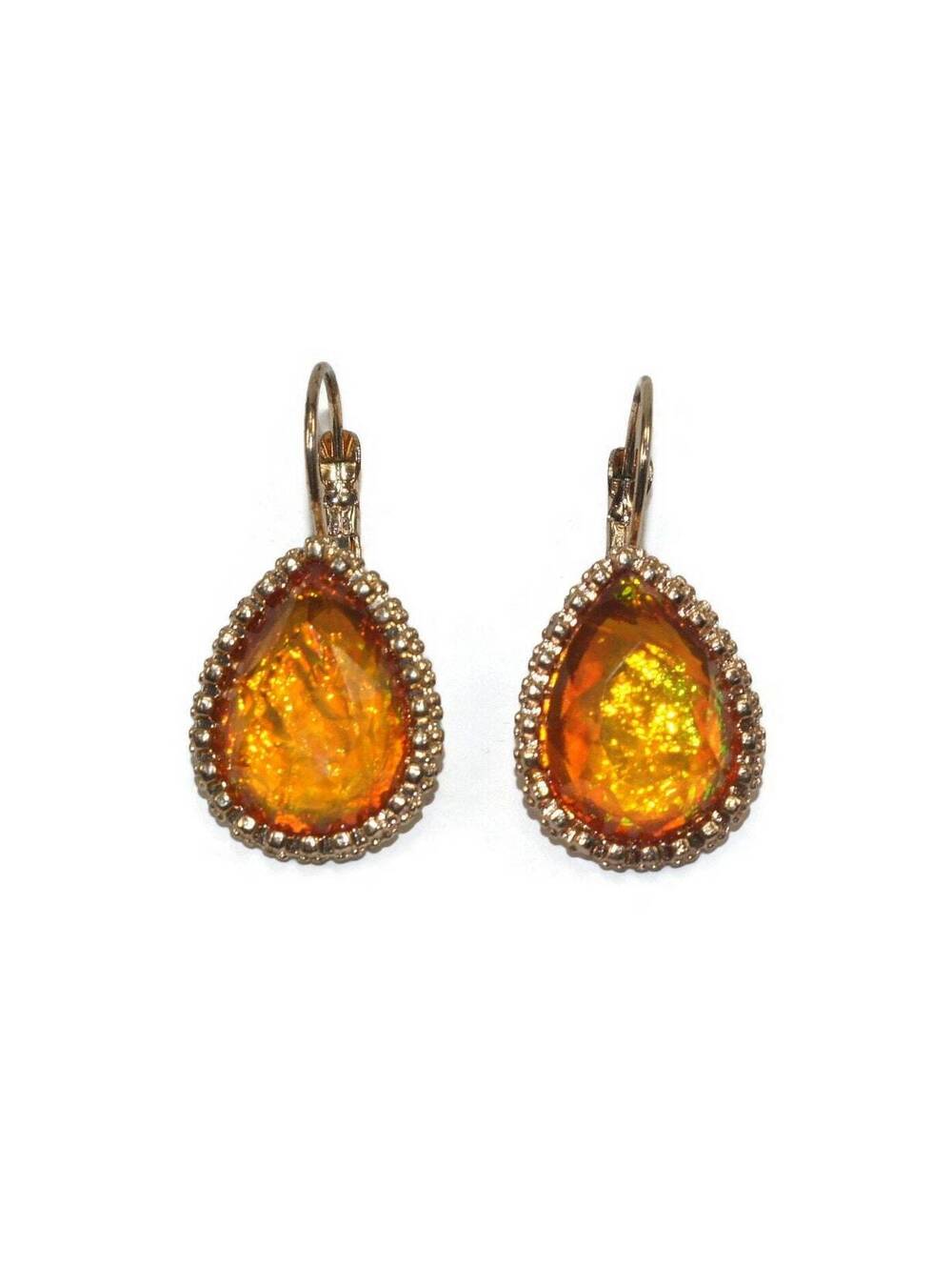 Vintage Gold Tone and Orange Plastic Teardrop Dangle Earrings with Latch Backs.